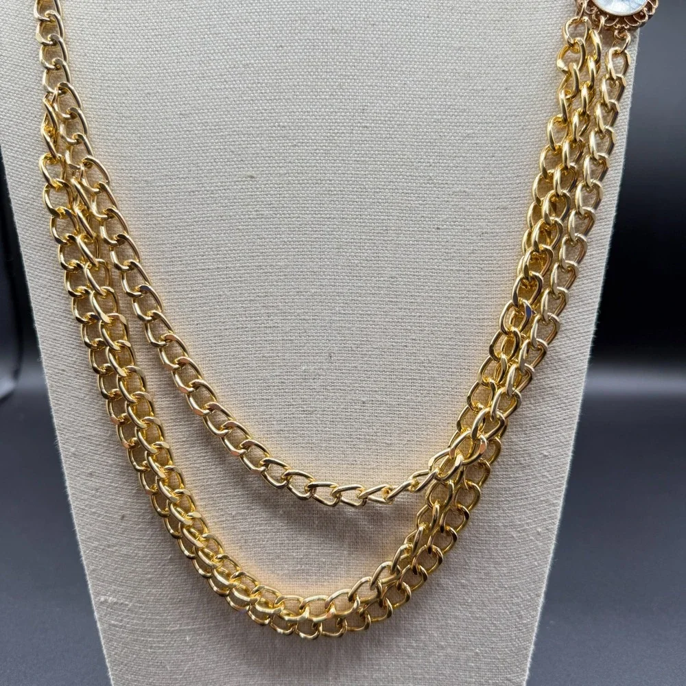Gold Tone Triple Strand Chain Necklace Clear Rhinestone Statement Layered Boho